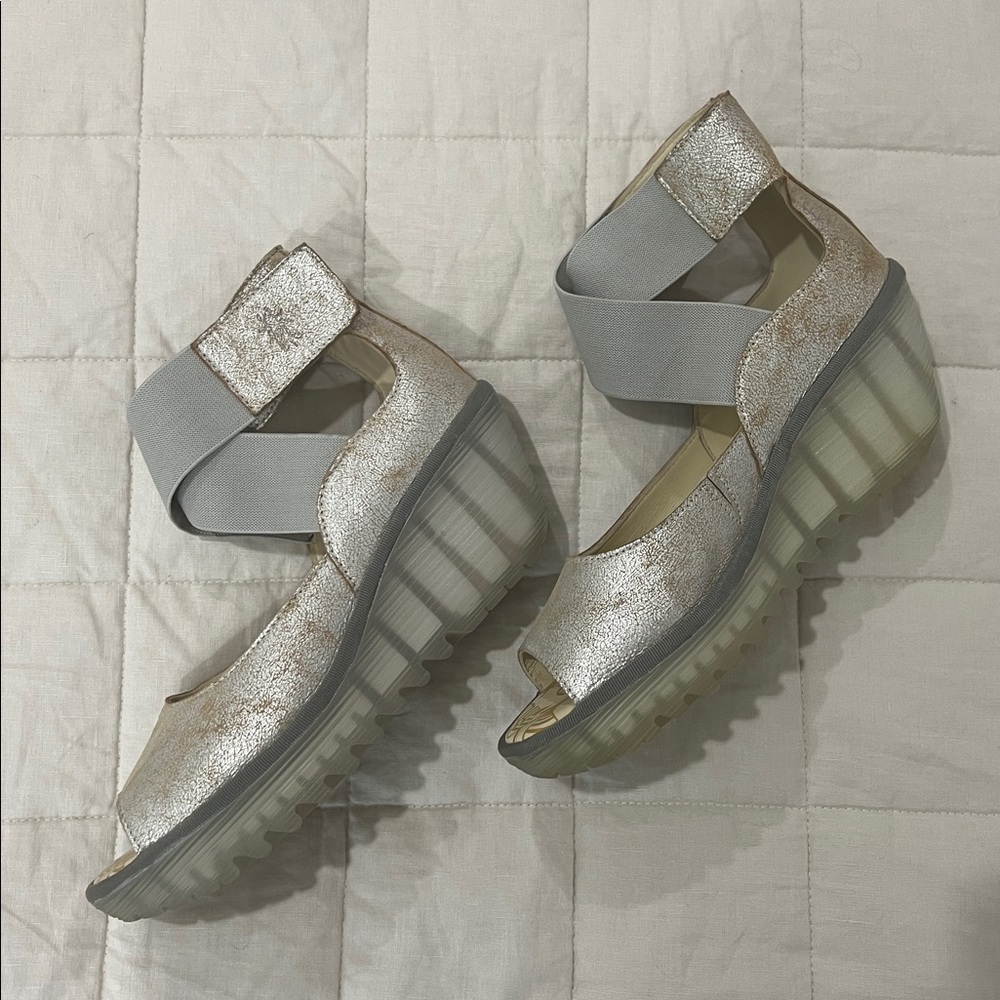 Fly London Silver Wedge Sandals with Straps